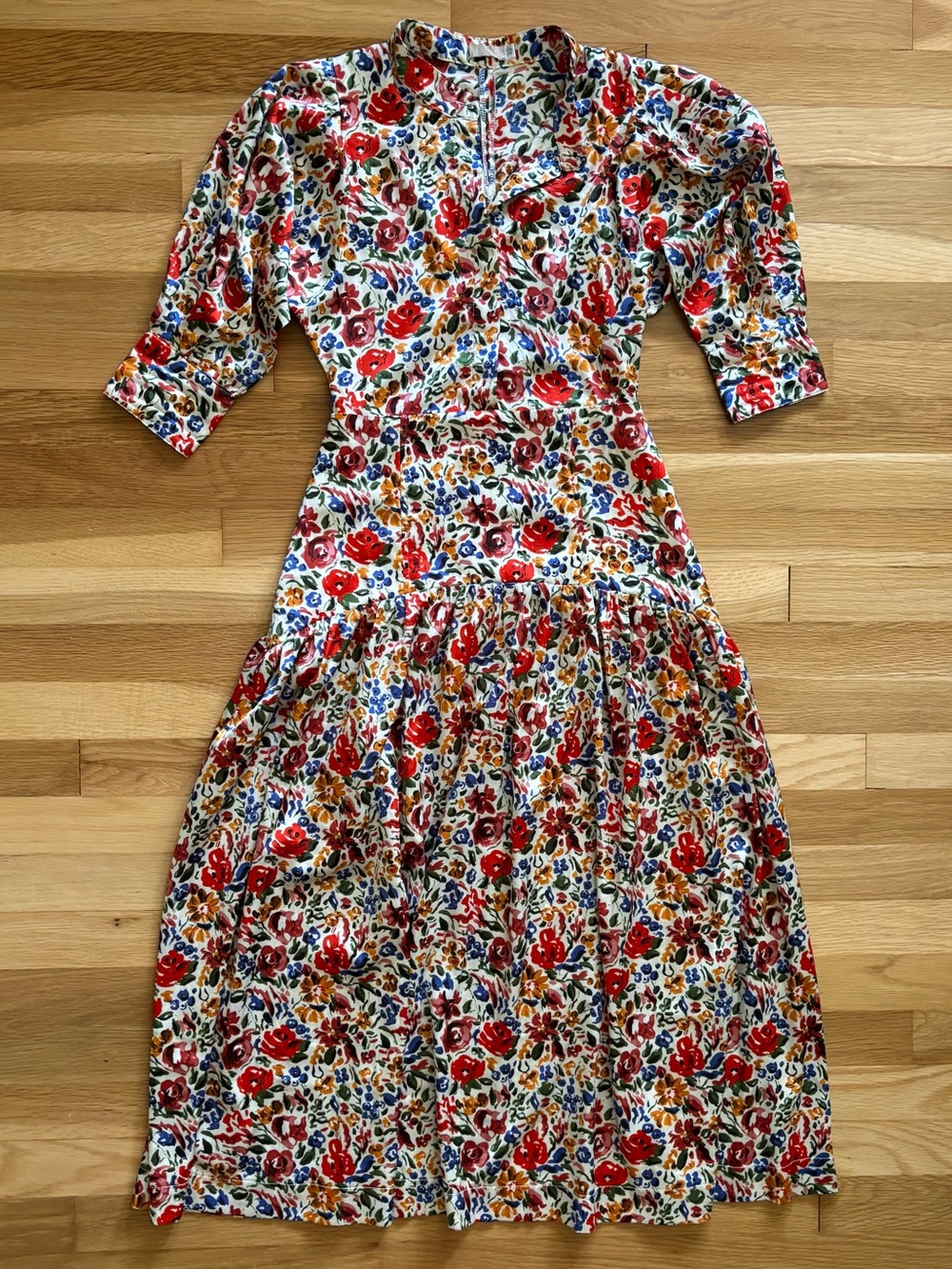 Floral Satin Midi Dress in Red Multi - Vintage Style - Drop Waist  - XS